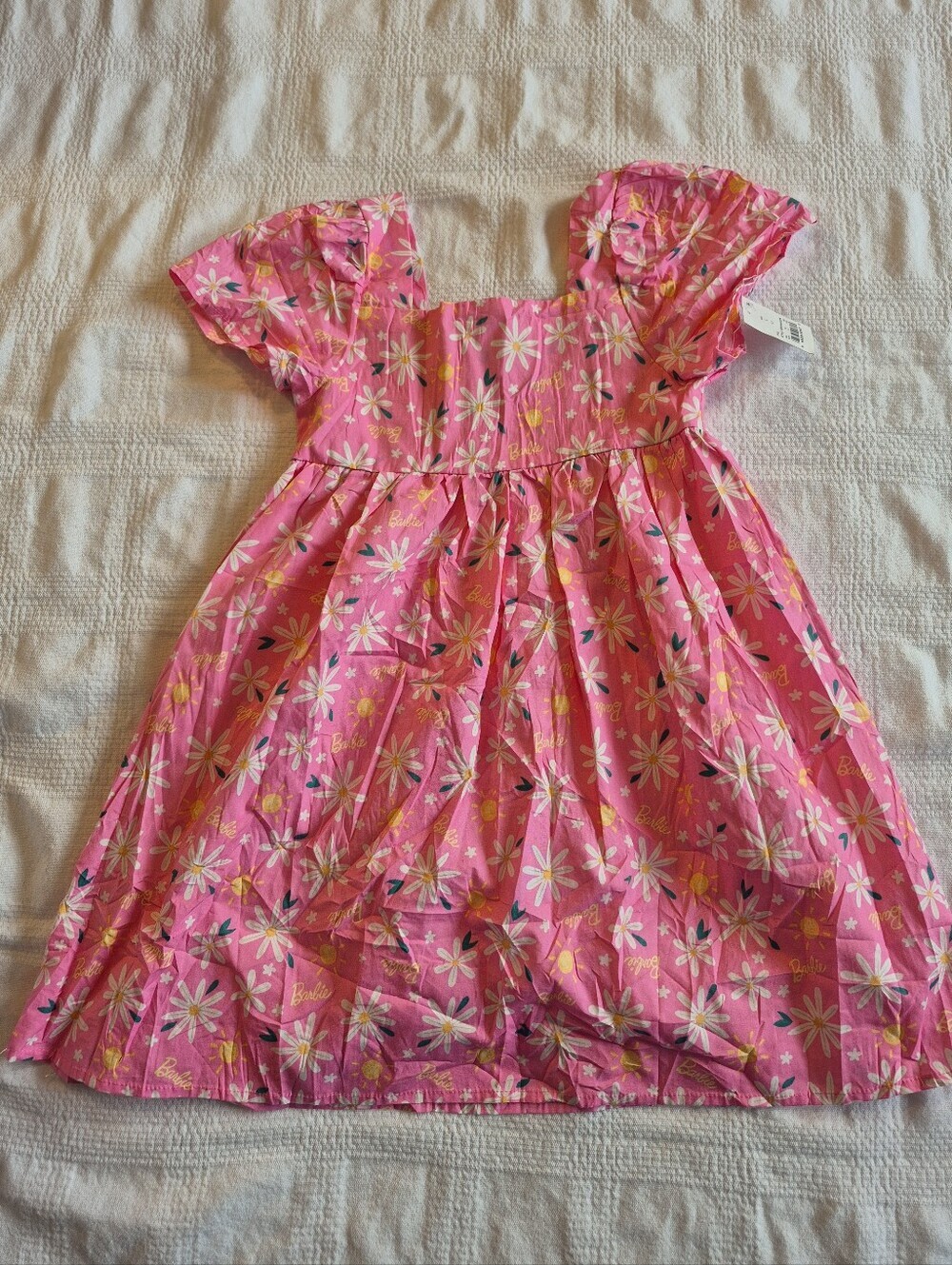 Barbie girls size Small or 6/7 pink daisy print puff sleeve dress NWT